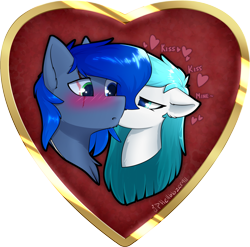 Size: 2802x2766 | Tagged: safe, artist:hellblazer911, oc, oc only, oc:navy blitz, oc:sky cloud, pegasus, pony, blushing, bust, commission, duo, ear fluff, eye scar, facial scar, female, floppy ears, heart, high res, kissing, long mane, looking at each other, looking at someone, male, mare, oc x oc, pegasus oc, scar, shipping, simple background, stallion, text, transparent background, watermark