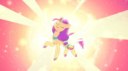 Size: 2851x1600 | Tagged: safe, screencap, sunny starscout, alicorn, earth pony, pony, 2024 franchise overview, firework-ing together, g5, my little pony: tell your tale, official, spoiler:g5, spoiler:my little pony: tell your tale, spoiler:tyts01e42, female, mane stripe sunny, mare, race swap, sunnycorn