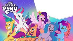 Size: 2400x1350 | Tagged: safe, hitch trailblazer, izzy moonbow, misty brightdawn, pipp petals, sunny starscout, zipp storm, earth pony, pegasus, pony, unicorn, 2024 franchise overview, g5, my little pony: tell your tale, official, abstract background, female, gradient mane, male, mane five, mane six (g5), mane stripe sunny, mare, my little pony logo, rebirth misty, stallion