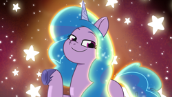 Size: 2200x1238 | Tagged: dead source, safe, screencap, izzy moonbow, pony, unicorn, 2024 franchise overview, bridlewood spog, g5, my little pony: tell your tale, official, spoiler:g5, spoiler:my little pony: tell your tale, spoiler:tyts01e43, female, glowing, glowing hair, glowing tail, looking at you, mare, smiling, smiling at you, solo, stars, tail
