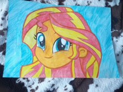 Size: 1560x1170 | Tagged: safe, artist:lerkyboy, sunset shimmer, human, equestria girls 10th anniversary, equestria girls, g4, blue background, colored pencil drawing, cute, female, looking at you, shimmerbetes, simple background, smiling, smiling at you, solo, traditional art
