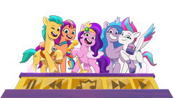 Size: 2500x1406 | Tagged: safe, hitch trailblazer, izzy moonbow, pipp petals, sunny starscout, zipp storm, earth pony, pegasus, pony, unicorn, 2024 franchise overview, g5, my little pony: tell your tale, official, female, male, mane five, mane stripe sunny, mare, simple background, stallion, transparent background