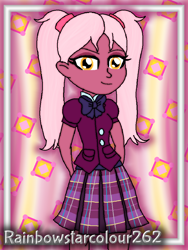 Size: 768x1024 | Tagged: safe, artist:rainbowstarcolour262, derpibooru exclusive, part of a set, oc, oc only, oc:taffycoat, human, series:equ wallpapers, equestria girls, abstract background, bowtie, clothes, crystal prep academy uniform, crystal prep shadowbolts, cutie mark background, eyeshadow, female, makeup, part of a series, pigtails, plaid skirt, pleated skirt, school uniform, shirt, signature, skirt, solo, twintails, yellow eyes