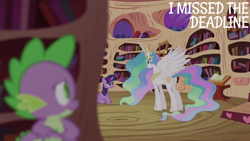 Size: 2000x1125 | Tagged: safe, edit, edited screencap, editor:quoterific, screencap, princess celestia, spike, twilight sparkle, alicorn, dragon, pony, unicorn, g4, lesson zero, golden oaks library, unicorn twilight