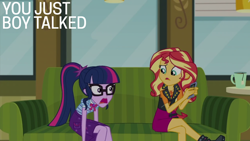 Size: 2000x1125 | Tagged: safe, edit, edited screencap, editor:quoterific, screencap, sci-twi, sunset shimmer, twilight sparkle, human, equestria girls, g4, my little pony equestria girls: better together, text support, text support: sunset shimmer