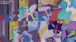 Size: 2000x1125 | Tagged: safe, edit, edited screencap, editor:quoterific, screencap, princess celestia, twilight sparkle, alicorn, pony, unicorn, g4, the best night ever, clothes, dress, gala dress, unicorn twilight