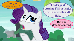 Size: 1280x720 | Tagged: safe, edit, edited screencap, editor:korora, screencap, rarity, pony, unicorn, g4, the gift of the maud pie, dialogue, implied oc, implied pinkie pie, lantern, literal minded, offscreen character, speech bubble