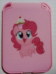 Size: 765x1020 | Tagged: safe, artist:xwhitedreamsx, pinkie pie, earth pony, pony, g4, :d, cherry, chibi, chubby, cream, cupcake, food, happy, mirror, on head, open mouth, open smile, photo, smiling, solo