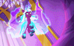 Size: 955x594 | Tagged: safe, screencap, opaline arcana, sunny starscout, alicorn, pony, g5, i've seen fire and i've seen rain (bows), my little pony: tell your tale, spoiler:g5, spoiler:my little pony: tell your tale, spoiler:tyts01e54, angry, animated, animation error, artificial horn, artificial wings, augmented, bag, blast, duo, duo female, female, fiery wings, fight, fire, gif, horn, magic, magic beam, magic blast, mane stripe sunny, mare, missing horn, race swap, sunnycorn, wings