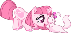 Size: 1470x701 | Tagged: safe, artist:muhammad yunus, artist:thinnck, oc, oc:annisa trihapsari, alicorn, cat, earth pony, pony, g4, bow, cute, duo, duo female, female, hair bow, happy, magic, mare, open mouth, pink body, simple background, transparent background