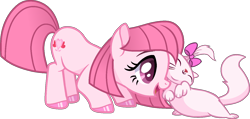 Size: 1470x701 | Tagged: safe, artist:muhammad yunus, artist:thinnck, oc, oc:annisa trihapsari, cat, earth pony, pony, g4, bow, cute, duo, duo female, female, hair bow, happy, mare, open mouth, pink body, simple background, transparent background