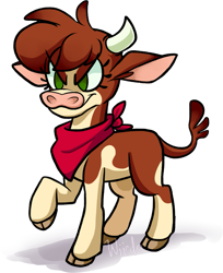 Size: 775x951 | Tagged: safe, artist:wiirdo, arizona (tfh), cow, them's fightin' herds, cloven hooves, community related, female, raised hoof, signature, simple background, solo, transparent background