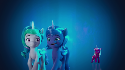 Size: 1920x1080 | Tagged: safe, screencap, opaline arcana, princess celestia, princess luna, alicorn, pony, g5, my little pony: make your mark, my little pony: make your mark chapter 4, sunny side up, spoiler:g5, spoiler:my little pony: make your mark, spoiler:my little pony: make your mark chapter 4, spoiler:mymc04e04, blue background, female, filly, filly celestia, filly luna, filly opaline arcana, flashback, foal, ringlets, royal sisters, siblings, simple background, sisters, unshorn fetlocks, younger