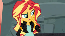 Size: 3072x1727 | Tagged: safe, screencap, sunset shimmer, human, equestria girls, equestria girls specials, g4, my little pony equestria girls: movie magic, biting, clothes, female, finger bite, jacket, leather, leather jacket, solo