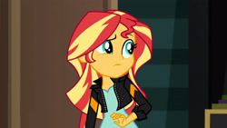 Size: 3072x1727 | Tagged: safe, screencap, sunset shimmer, human, equestria girls, equestria girls specials, g4, my little pony equestria girls: movie magic, clothes, eyebrows, female, frown, jacket, leather, leather jacket, raised eyebrow, solo