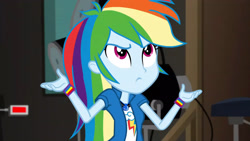 Size: 3072x1727 | Tagged: safe, screencap, rainbow dash, human, equestria girls, equestria girls specials, g4, my little pony equestria girls: movie magic, clothes, cutie mark on clothes, female, frown, geode of super speed, jewelry, magical geodes, necklace, solo