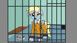 Size: 1920x1080 | Tagged: safe, artist:platinumdrop, derpy hooves, pegasus, pony, g4, abuse, ankle cuffs, bench, bound wings, chained, chains, clothes, commission, crying, cuffs, derpybuse, door, floppy ears, folded wings, food, gruel, indoors, jail, jail cell, jumpsuit, looking at you, manehattan, open mouth, pet bowl, prison, prison outfit, prisoner, sad, sad pony, shackles, solo, tears of sadness, wings