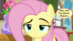 Size: 1280x720 | Tagged: safe, edit, edited screencap, editor:korora, screencap, fluttershy, pegasus, pony, flutter brutter, g4, curtains, female, flower, fluttershy is not amused, implied majesty, mare, pink mane, pink tail, reaction image, skeptical, speech, speech bubble, tail, talking, unamused, wings, yellow coat