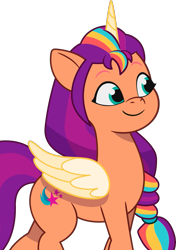 Size: 1153x1641 | Tagged: safe, sunny starscout, alicorn, earth pony, pony, 2024 franchise overview, g5, my little pony: tell your tale, official, alicornified, female, mane stripe sunny, mare, race swap, simple background, solo, sunnycorn, transparent background