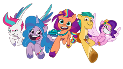 Size: 960x540 | Tagged: safe, hitch trailblazer, izzy moonbow, pipp petals, sunny starscout, zipp storm, earth pony, pegasus, pony, unicorn, 2024 franchise overview, g5, my little pony: tell your tale, official, 2d, bag, bean mouth, big grin, bracelet, confident, cute, excited, female, flying, grin, happy, hasbro, hitchbetes, izzybetes, jewelry, looking at you, male, mane five, mane stripe sunny, mare, multicolored hair, raised eyebrow, running, siblings, simple background, sisters, smiling, stallion, stylized, sunnybetes, transparent background