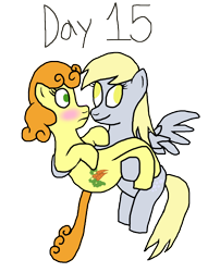 Size: 3000x3931 | Tagged: safe, artist:horroraceman93, carrot top, derpy hooves, golden harvest, pony, g4, blushing, carrying, female, flying, high res, lesbian, ship:derpytop, shipping