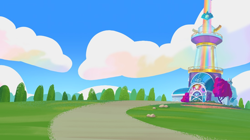 Size: 1098x616 | Tagged: safe, 2024 franchise overview, g5, my little pony: tell your tale, official, background, cloud, crystal brighthouse, no pony, sky, tree