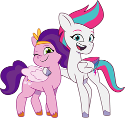 Size: 1005x946 | Tagged: safe, pipp petals, zipp storm, pegasus, pony, 2024 franchise overview, g5, my little pony: tell your tale, official, duo, duo female, female, mare, one eye closed, royal sisters (g5), siblings, simple background, sisters, transparent background, wink