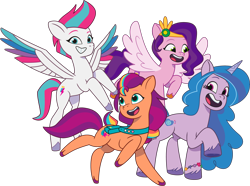 Size: 3488x2596 | Tagged: safe, izzy moonbow, pipp petals, sunny starscout, zipp storm, earth pony, pegasus, pony, unicorn, 2024 franchise overview, g5, my little pony: tell your tale, official, background pony hitch, female, high res, mane stripe sunny, mare, simple background, transparent background