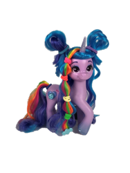 Size: 768x1024 | Tagged: safe, izzy moonbow, pony, unicorn, 2024 franchise overview, g5, official, brushable, female, izzy rainbow, mare, photo, simple background, solo, toy, transparent background