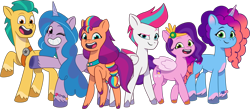 Size: 1602x697 | Tagged: safe, hitch trailblazer, izzy moonbow, misty brightdawn, pipp petals, sunny starscout, zipp storm, earth pony, pegasus, pony, unicorn, 2024 franchise overview, g5, my little pony: tell your tale, official, bag, bracelet, coat markings, diadem, female, fluttershy's cutie mark, freckles, friendship bracelet, gradient mane, grin, headband, hoof heart, jewelry, looking at you, male, mane five, mane six (g5), mane stripe sunny, mare, open mouth, open smile, pale belly, raised hoof, rebirth misty, regalia, saddle bag, sash, simple background, smiling, smiling at you, socks (coat markings), stallion, standing, transparent background, twilight sparkle's cutie mark, underhoof, unshorn fetlocks