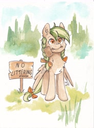 Size: 3464x4696 | Tagged: safe, artist:lightisanasshole, oc, oc only, oc:sylvia evergreen, pegasus, pony, bow, braid, braided pigtails, cute, forest, grass, hammer, mouth hold, pegasus oc, pigtails, ranger, sign, signature, solo, traditional art, watercolor painting