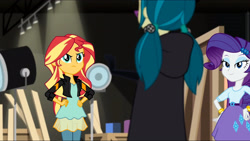 Size: 3072x1727 | Tagged: safe, screencap, juniper montage, rarity, sunset shimmer, human, equestria girls, equestria girls specials, g4, my little pony equestria girls: movie magic, bracelet, clothes, cutie mark on clothes, female, hairpin, hand on hip, jacket, jewelry, leather, leather jacket, trio, trio female