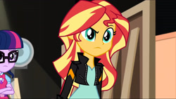 Size: 3072x1727 | Tagged: safe, screencap, sci-twi, sunset shimmer, twilight sparkle, human, equestria girls, equestria girls specials, g4, my little pony equestria girls: movie magic, clothes, crossed arms, duo, duo female, eyebrows, female, frown, geode of telekinesis, glasses, jacket, jewelry, leather, leather jacket, magical geodes, necklace, ponytail, raised eyebrow