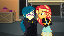 Size: 3072x1727 | Tagged: safe, screencap, juniper montage, sunset shimmer, human, equestria girls, equestria girls specials, g4, my little pony equestria girls: movie magic, clothes, crossed arms, duo, duo female, female, frown, glasses, jacket, leather, leather jacket, lip bite, smiling