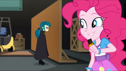 Size: 3072x1727 | Tagged: safe, screencap, juniper montage, pinkie pie, human, equestria girls, equestria girls specials, g4, my little pony equestria girls: movie magic, chocolate, clothes, cutie mark on clothes, duo, duo female, female, food, frown, glasses, grin, smiling