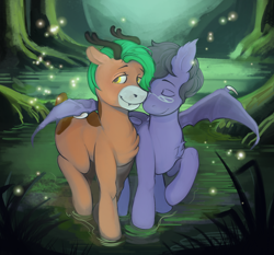 Size: 4268x3984 | Tagged: safe, artist:sprout, oc, oc:prpout, bat pony, deer, pony, duo, gay, male