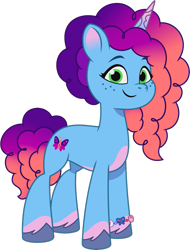 Size: 613x805 | Tagged: safe, misty brightdawn, pony, unicorn, 2024 franchise overview, g5, my little pony: tell your tale, official, bracelet, coat markings, female, freckles, friendship bracelet, gradient mane, jewelry, mare, rebirth misty, simple background, smiling, socks (coat markings), solo, transparent background