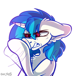 Size: 1824x1824 | Tagged: safe, artist:yuris, dj pon-3, vinyl scratch, pony, unicorn, g4, allergies, annoyed, commission, irritated, itchy, rubbing, sick, simple background, sketch, sneezing, solo, tickling