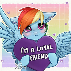 Size: 800x800 | Tagged: safe, artist:lailyren, part of a set, rainbow dash, pegasus, pony, g4, :3, cute, dashabetes, floppy ears, heart, heart eyes, heart pillow, pillow, positive ponies, solo, weapons-grade cute, wingding eyes