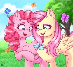 Size: 1238x1138 | Tagged: safe, artist:galaxy swirl, fluttershy, pinkie pie, butterfly, earth pony, pegasus, pony, g4, blushing, day, duo, duo female, female, folded wings, grass, hoof hold, looking at something, looking down, mare, open mouth, open smile, outdoors, raised hoof, smiling, standing, tree, wings