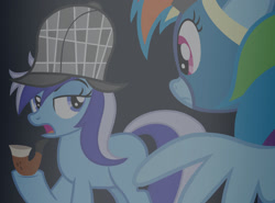 Size: 1280x948 | Tagged: safe, artist:stack-of-cookies, minuette, rainbow dash, pegasus, pony, unicorn, g4, secrets and pies, deerstalker, detective, duo, duo female, female, hat, mare, pipe, scene interpretation, sherlock holmes