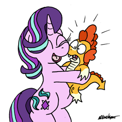 Size: 1374x1366 | Tagged: safe, artist:bobthedalek, starlight glimmer, sunburst, dragon, pony, unicorn, g4, atg 2023, cute, dragonburst, dragonified, duo, emanata, eyes closed, female, hug, implied transformation, male, mare, newbie artist training grounds, open mouth, open smile, simple background, smiling, species swap, sunbetes, white background