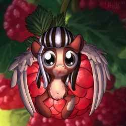 Size: 2000x2000 | Tagged: safe, artist:uteuk, oc, oc:scrappy rug, pegasus, pony, cute, female, food, high res, looking at you, mare, raspberry (food), small, solo