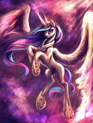 Size: 900x1200 | Tagged: safe, artist:kreativpony, princess celestia, alicorn, pony, g4, belly, colored, concave belly, crepuscular rays, crown, female, flying, hoof shoes, jewelry, large wings, lighting, long legs, long mane, mare, partially open wings, peytral, princess shoes, regalia, shading, signature, slender, solo, tall, thin, wings