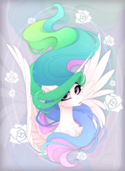 Size: 1100x1500 | Tagged: safe, artist:vird-gi, princess celestia, alicorn, pony, g4, bust, chest fluff, ear fluff, female, flower, hair over one eye, looking at you, mare, open mouth, portrait, rose, solo, spread wings, wings