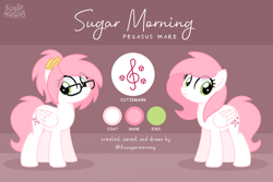 Size: 3000x2000 | Tagged: safe, artist:sugar morning, oc, oc only, oc:sugar morning, pegasus, pony, cute, female, glasses, hairclip, high res, mare, ocbetes, reference sheet, show accurate, smiling, solo, standing, text