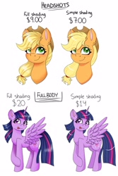 Size: 2000x3000 | Tagged: safe, artist:galaxy swirl, applejack, twilight sparkle, alicorn, earth pony, pony, g4, advertisement, bust, commission info, high res, price sheet, simple background, tongue out, twilight sparkle (alicorn), white background