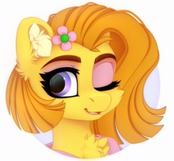 Size: 1405x1300 | Tagged: safe, artist:vird-gi, oc, oc only, pony, bust, cheek fluff, chest fluff, clothes, colored ear fluff, colored eyebrows, cute, ear fluff, eyebrows, eyeshadow, female, flower, flower in hair, looking at you, makeup, mare, one eye closed, open mouth, open smile, simple background, smiling, solo, white background, wink, winking at you