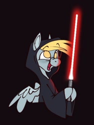 Size: 747x1000 | Tagged: safe, artist:partyponypower, derpy hooves, pegasus, pony, g4, bust, cloak, clothes, crossover, lightsaber, simple background, smiling, solo, star wars, weapon, xk-class end-of-the-world scenario