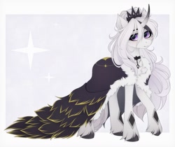 Size: 1240x1040 | Tagged: safe, artist:vird-gi, oc, oc only, pony, cape, choker, clothes, curved horn, horn, jewelry, looking at you, simple background, smiling, solo, tiara, unshorn fetlocks